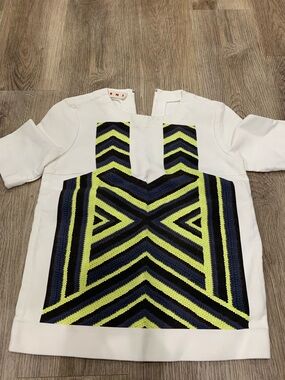 Marni White Top with Neon Yellow and Navy Geometric Front Panel